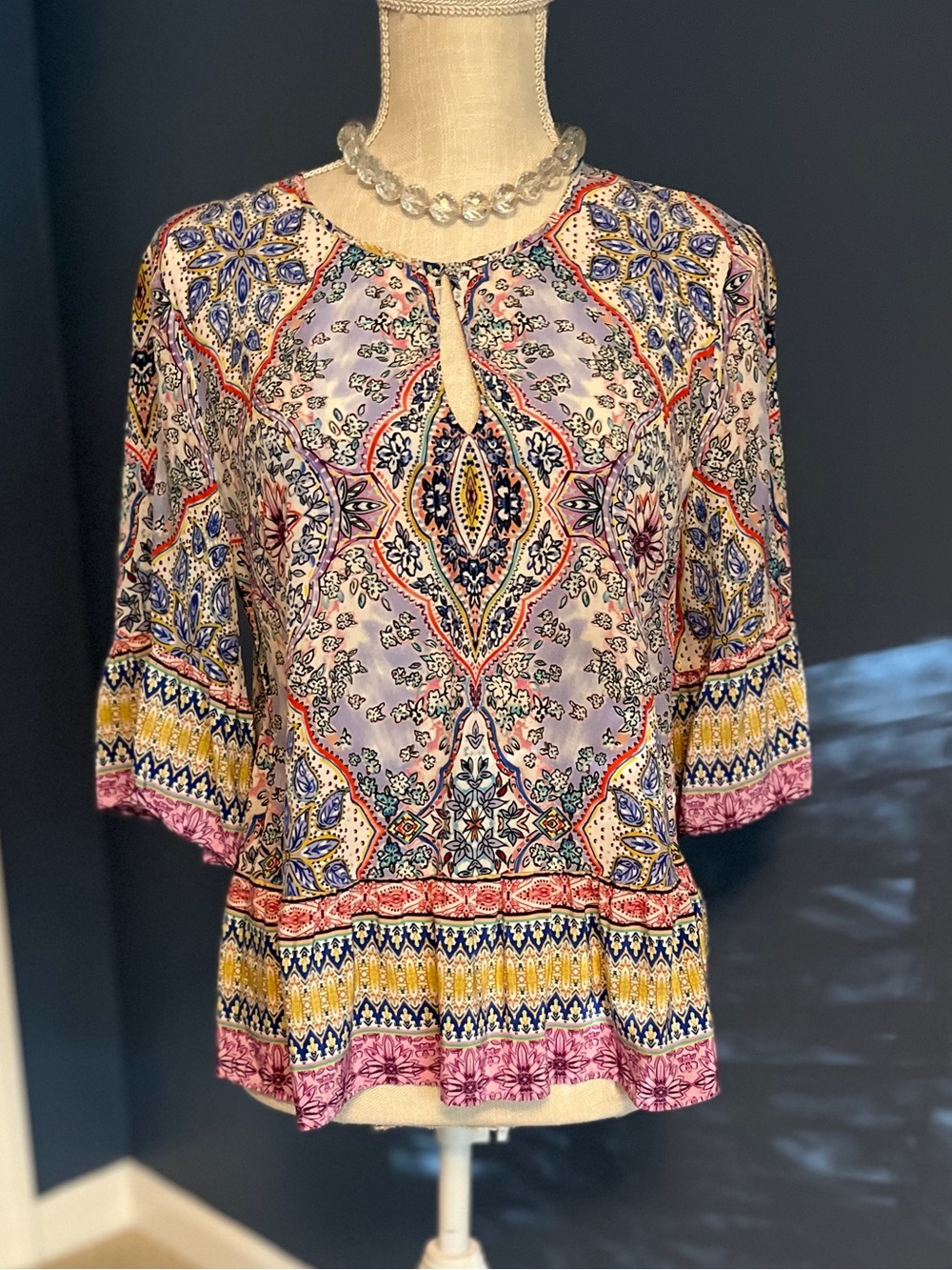 Anthropologie Boho Print Keyhole Peasant Top in Multi-Color
